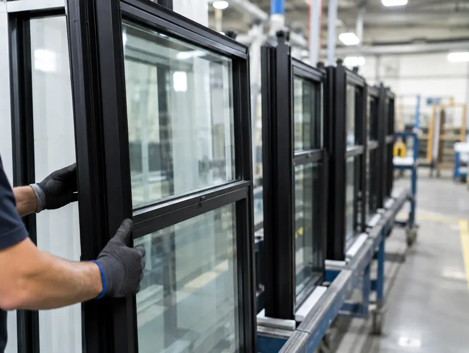 New black-frame replacement windows on a rack at the factory
